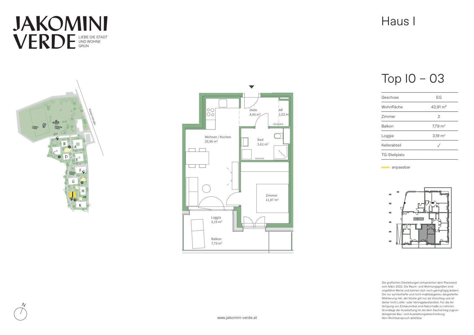 Detaillierter Grundriss für eine Wohnung mit Balkon und Loggia im Haus I.