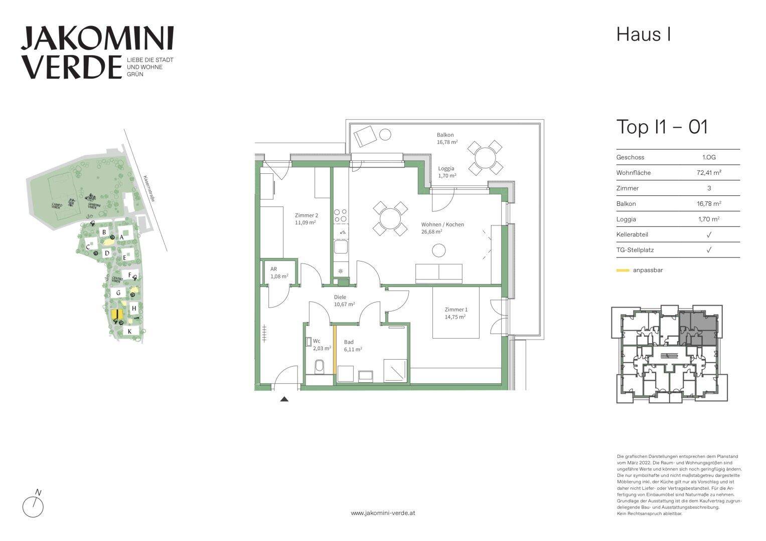 Grundriss der Wohnung Top 11-01 mit Balkon und Loggia.