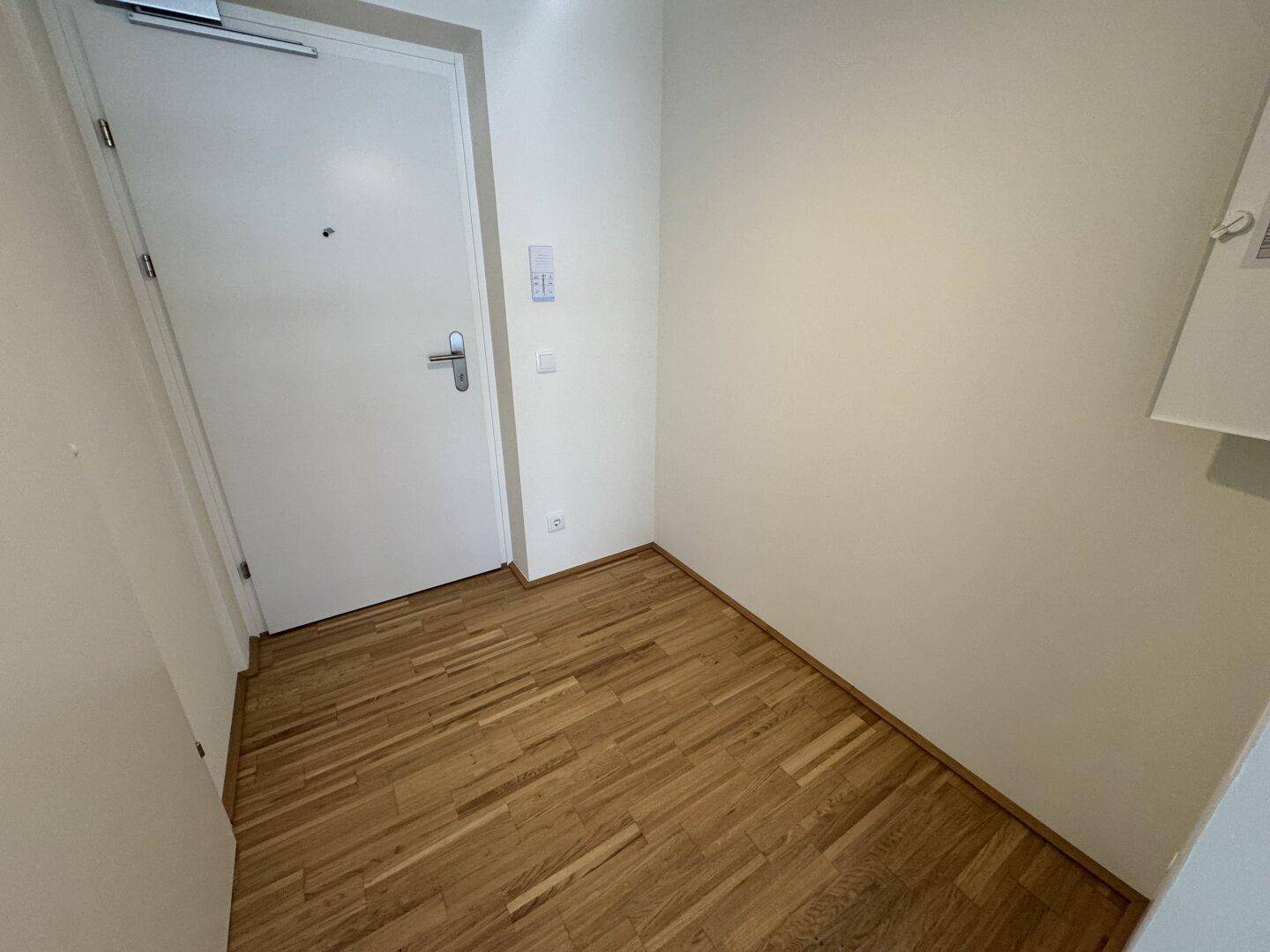 Eingangsbereich mit hellem Parkettboden und weißer Eingangstür.
