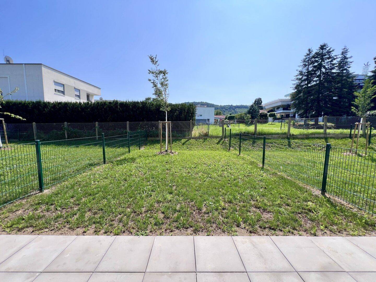 Eingezäunter Gartenbereich mit jungen Bäumen und Hecken, umgeben von weiterer Bebauung.