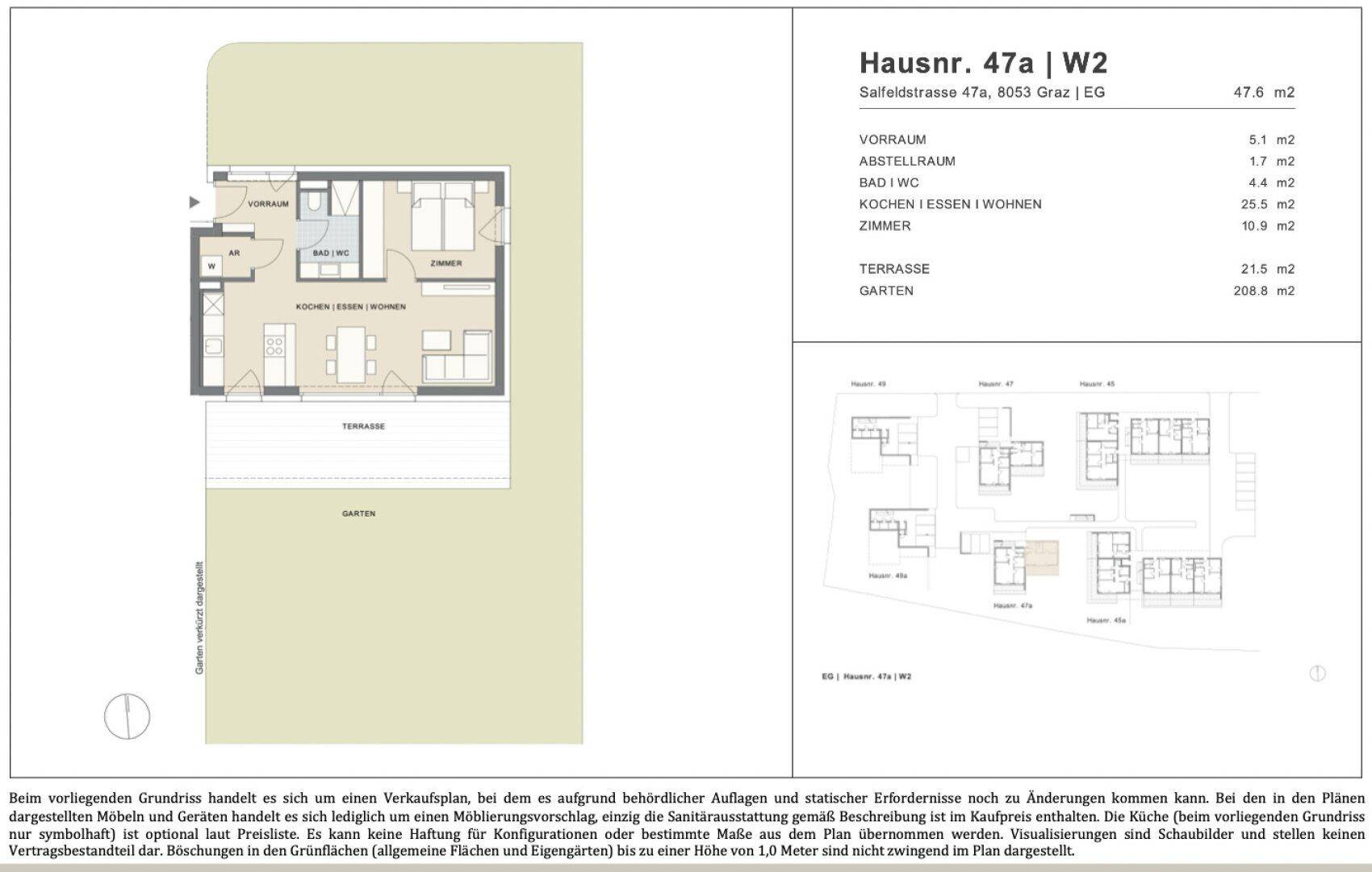 Detaillierter Grundriss der Wohnung mit Terrasse und Garten, inklusive Flächenangaben.