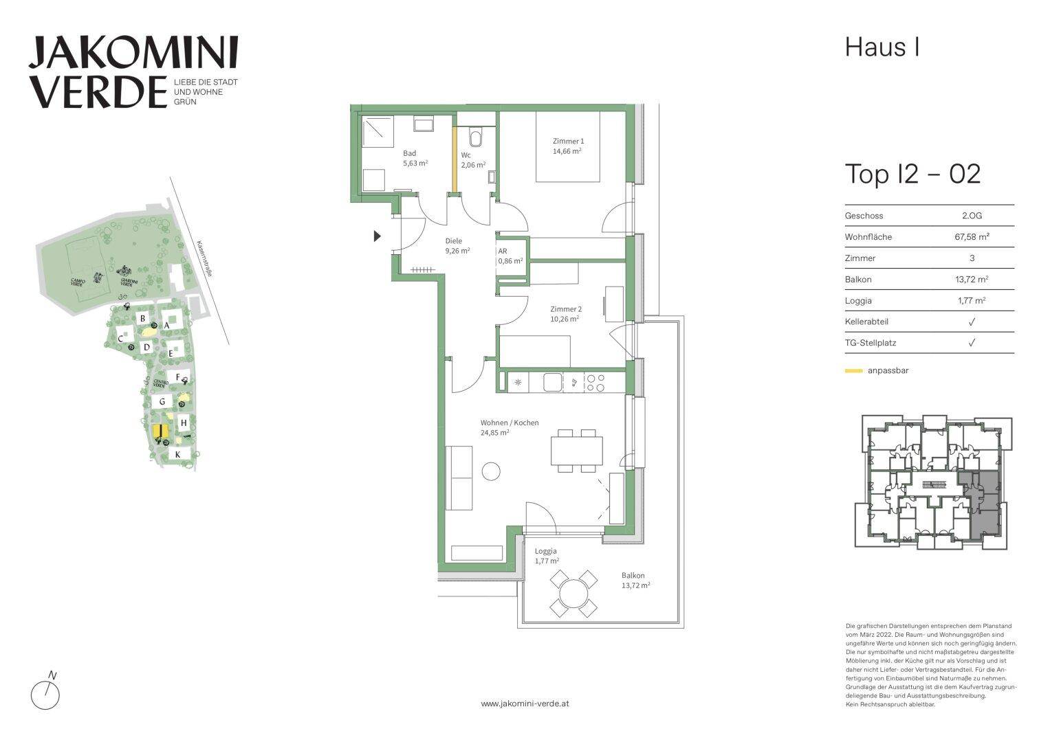 Grundriss für eine Wohnung mit drei Zimmern, Balkon, Loggia und Kellerabteil.