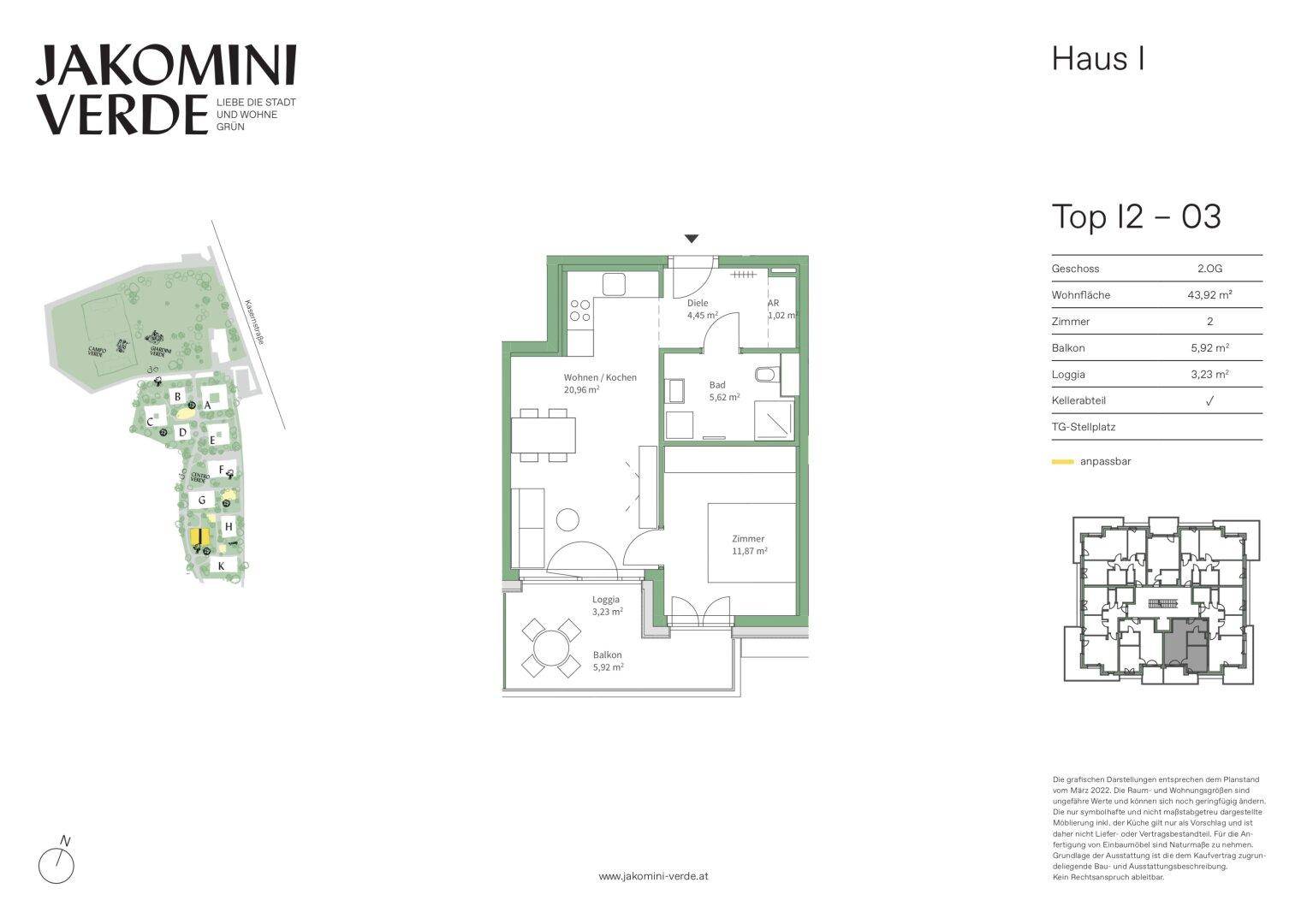 Grundriss für eine Wohnung mit offenem Wohn-/Kochbereich, Bad, Zimmer, Loggia und Balkon.