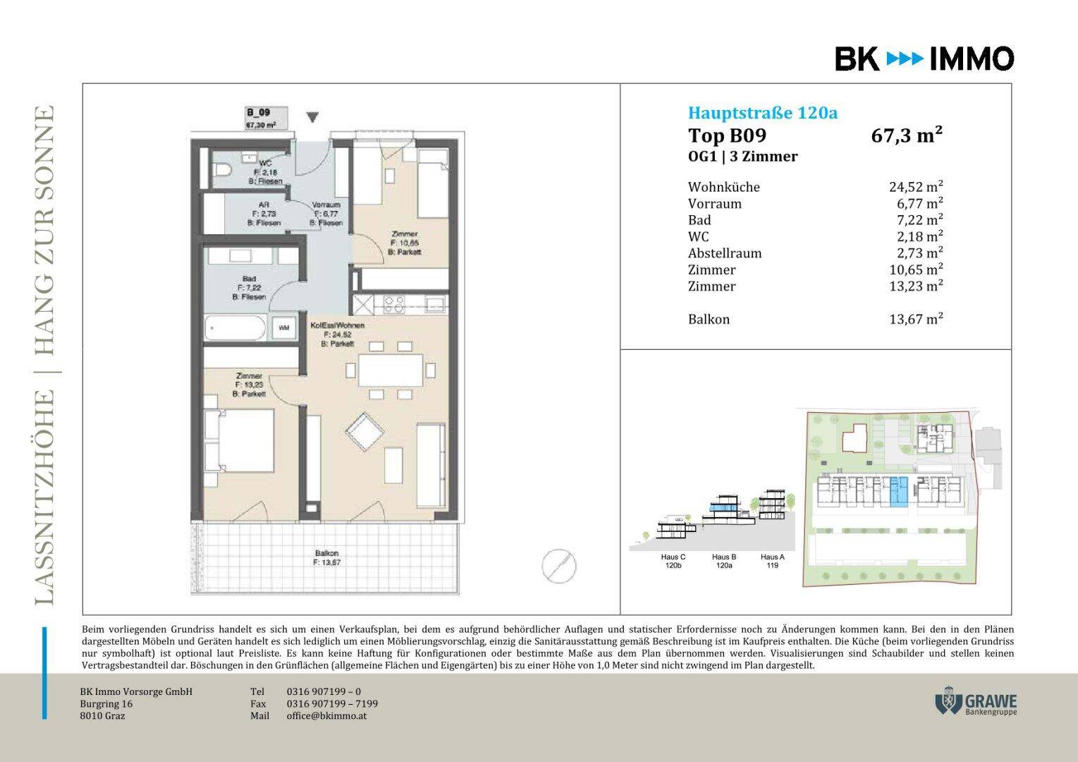 Grundriss der Wohnung Top B09 mit offener Wohnküche, zwei Zimmern, Bad, WC und Balkon.