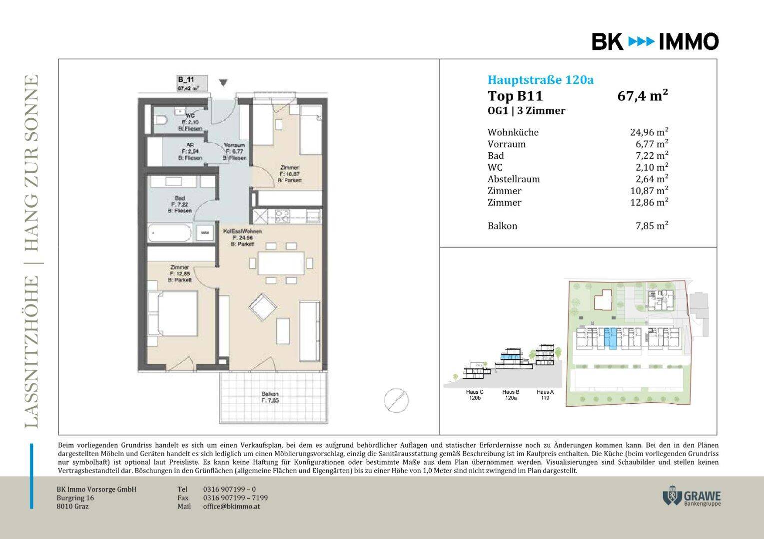 Grundriss der Wohnung Top B11 mit drei Zimmern, offenem Wohnbereich und Balkon.