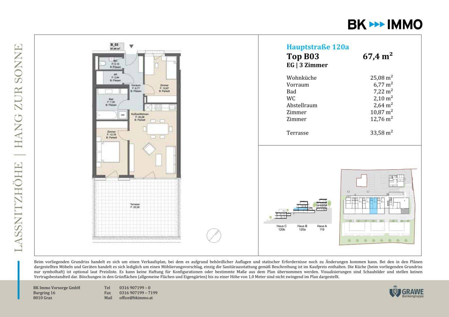 Grundriss einer 3-Zimmer-Wohnung mit Terrasse und separatem WC.
