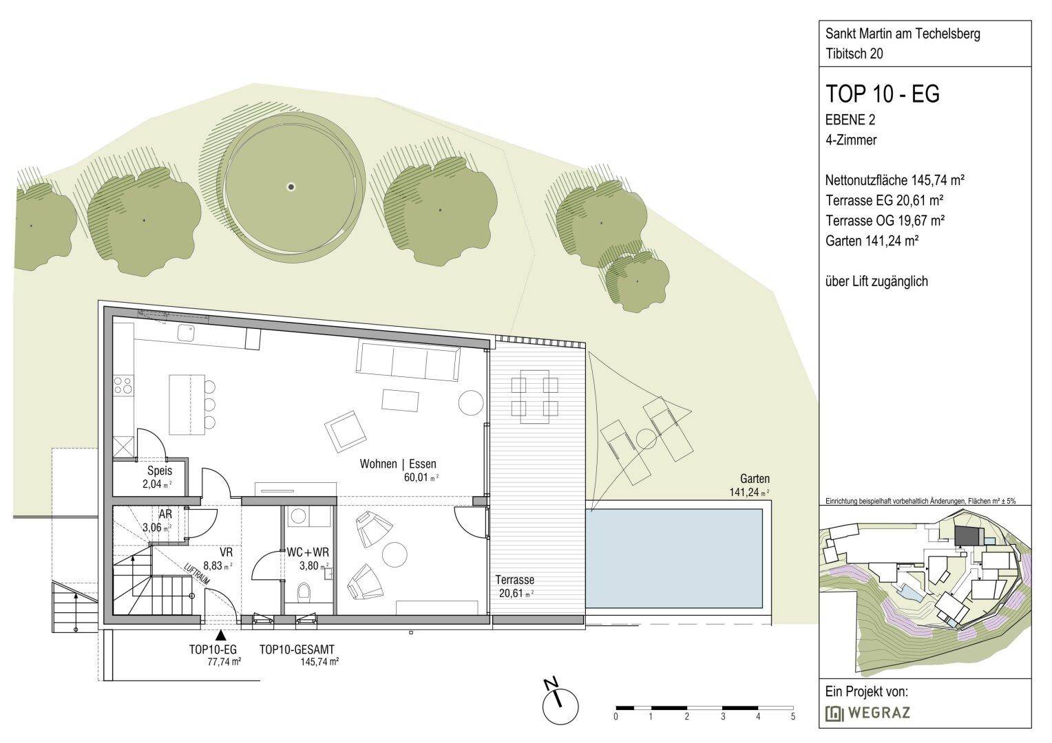 Grundriss von Ebene 2 mit Wohn-Essbereich, Terrasse, Garten und Pool.