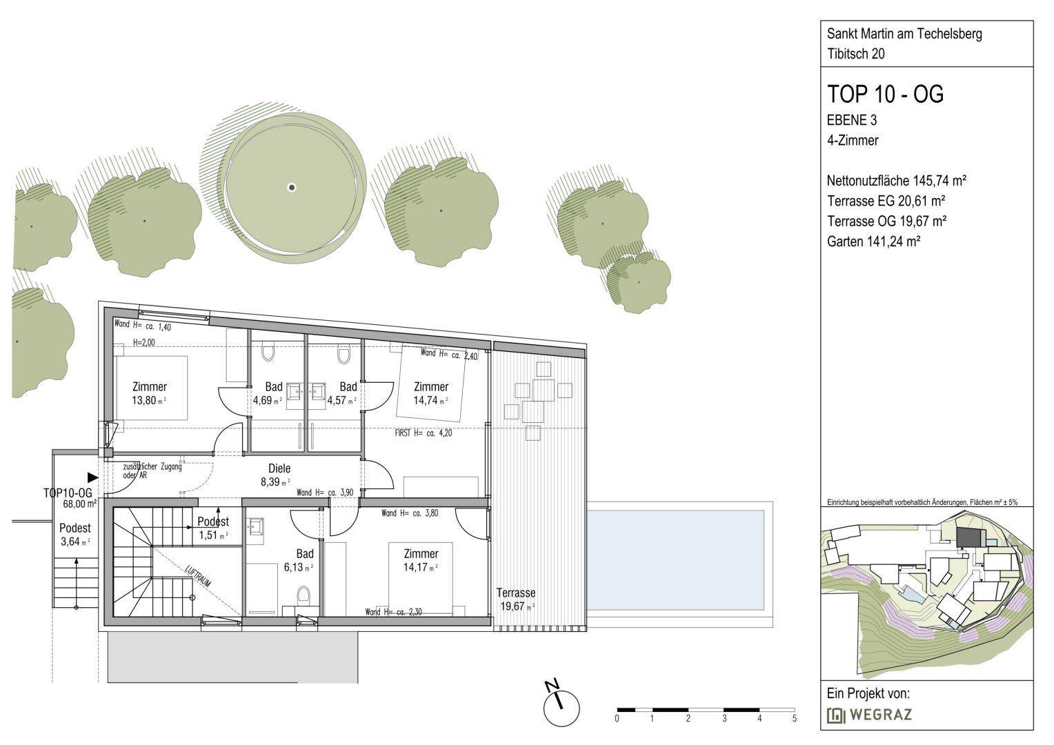 Grundriss von Ebene 3 mit Schlafzimmern, Bädern und Terrasse.