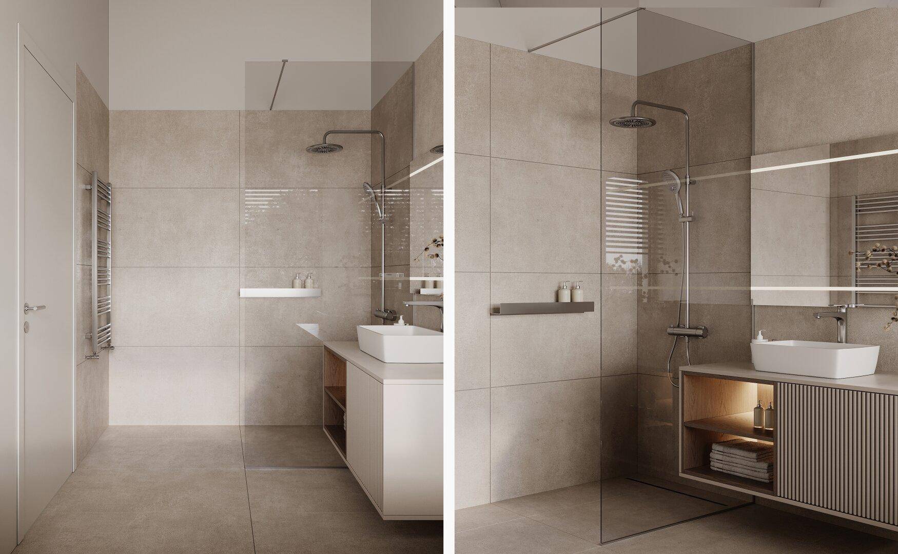 Modernes Badezimmer mit begehbarer Dusche, großformatigen Fliesen und Waschtisch.