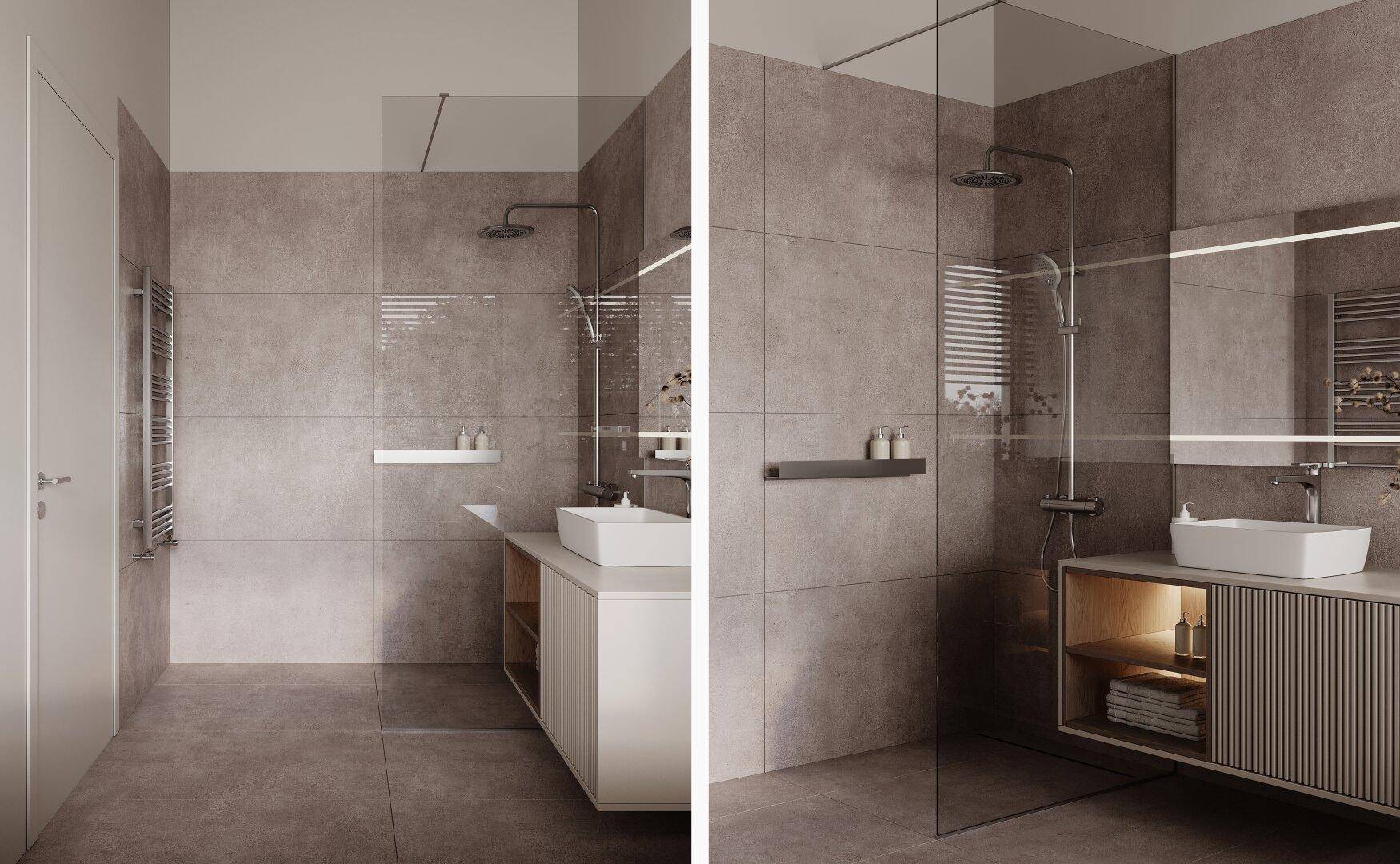 Modernes Badezimmer mit begehbarer Dusche, großformatigen Fliesen und Waschtisch.