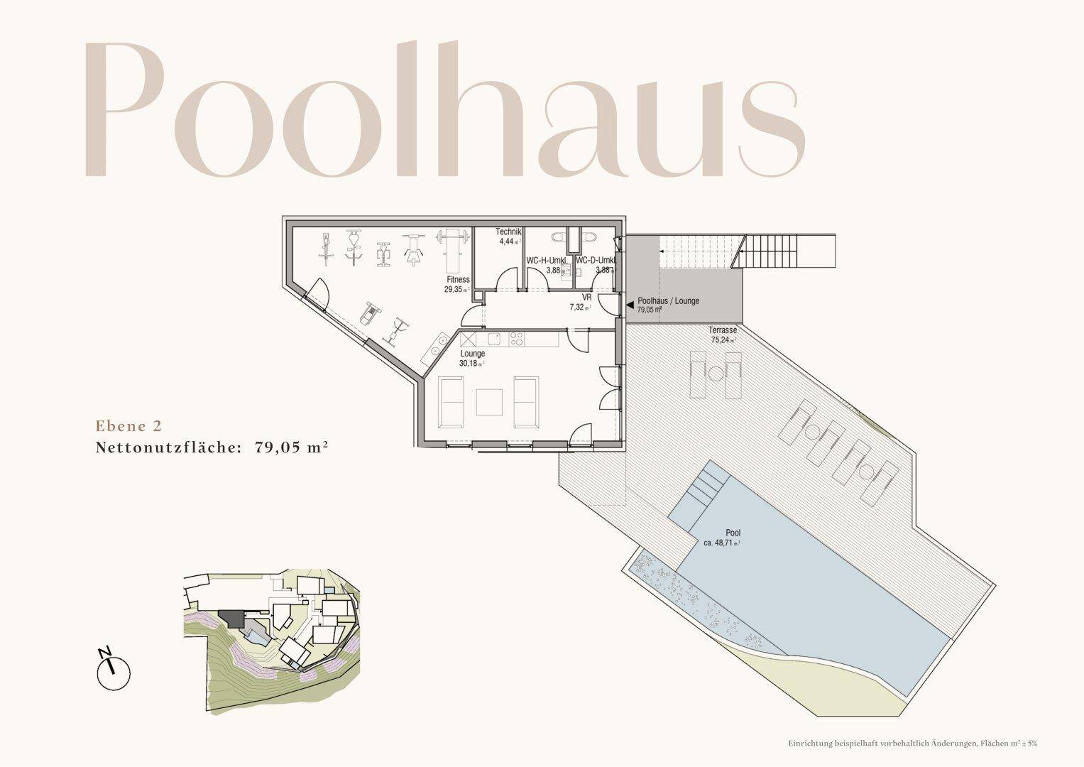 Grundriss des Poolhauses mit Fitnessbereich, Lounge und großer Terrasse.