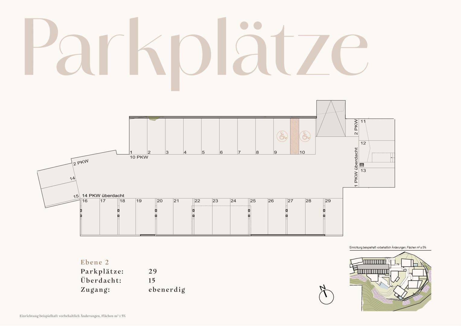Grundriss der Parkplätze auf Ebene 2 mit überdachten und barrierefreien Stellplätzen.
