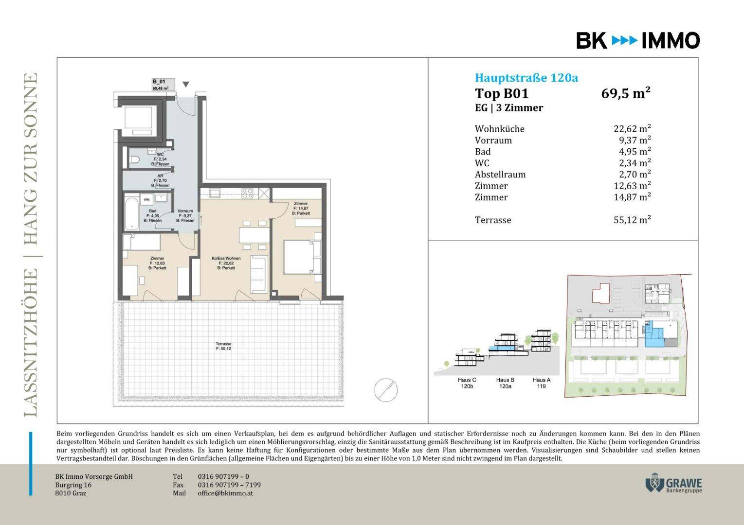 Grundriss einer modernen 3-Zimmer-Wohnung mit großzügiger Terrasse und funktionaler Raumaufteilung.