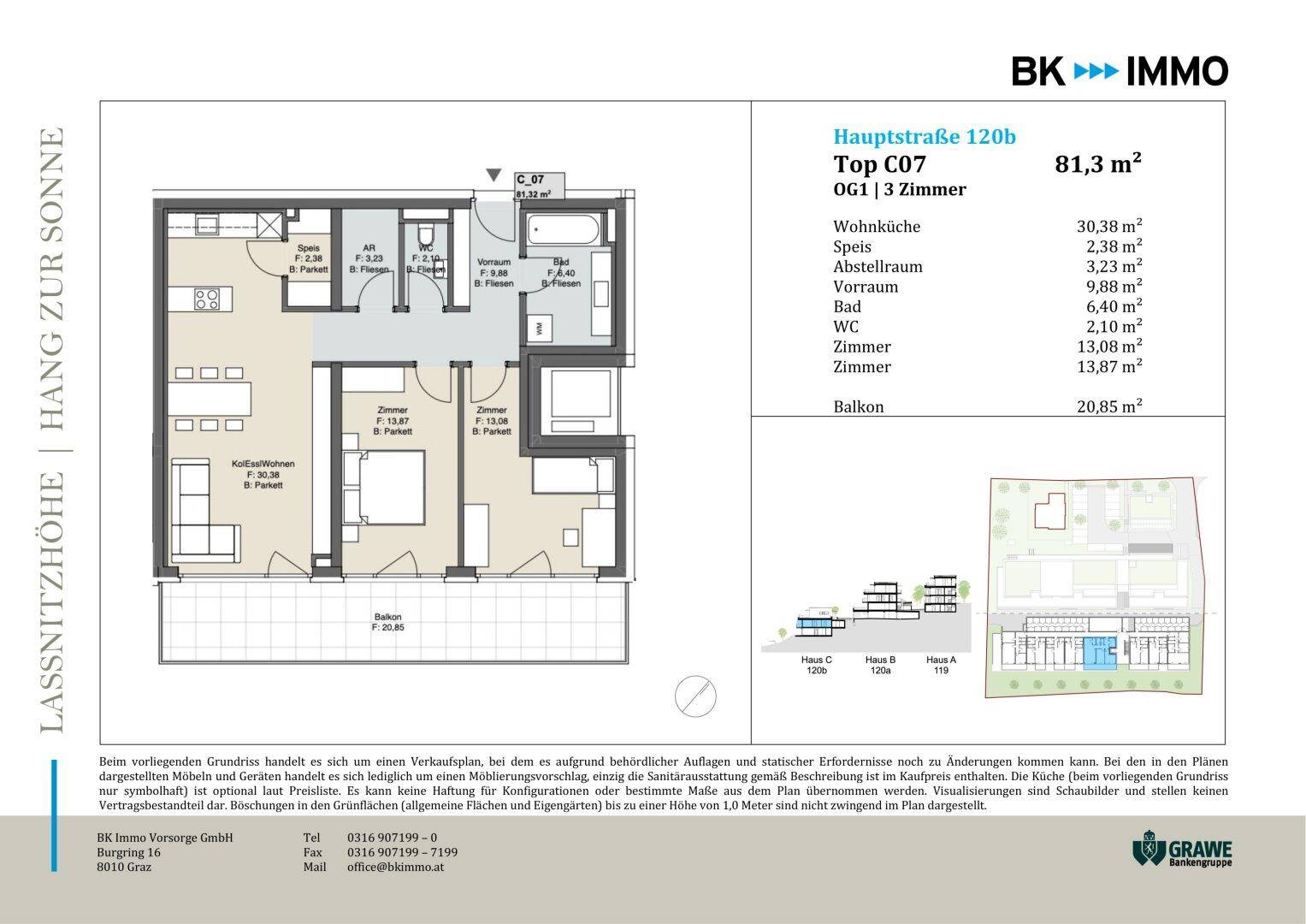 Grundriss der Wohnung Top C07 mit offenem Wohnbereich, zwei Schlafzimmern und großem Balkon.