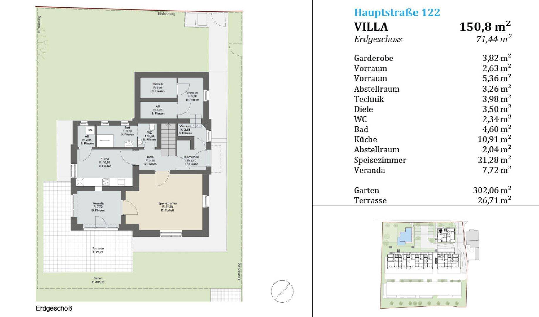 Grundriss des Erdgeschosses einer Villa mit Garten, Terrasse und verschiedenen Räumen.