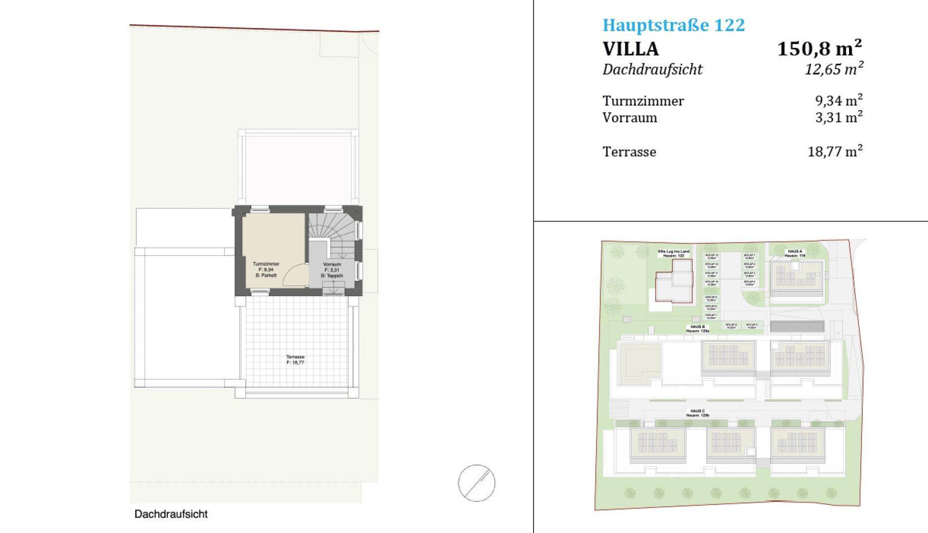 Dachaufsicht der Villa mit Turmzimmer und Dachterrasse, sowie Gesamtübersicht der Anlage.