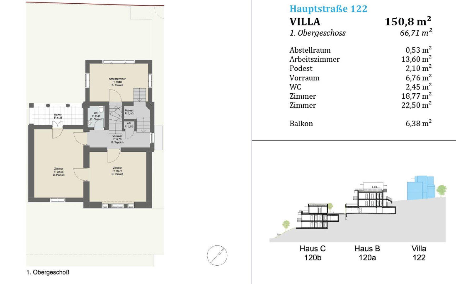Grundriss des ersten Obergeschosses einer Villa mit Arbeitszimmer, Zimmern und Balkon.