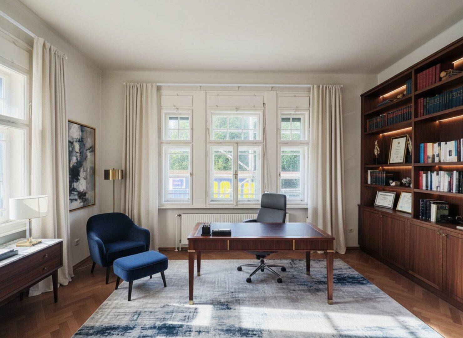 Stilvolles Arbeitszimmer mit großem Schreibtisch, blauem Sessel und beleuchtetem Bücherregal.