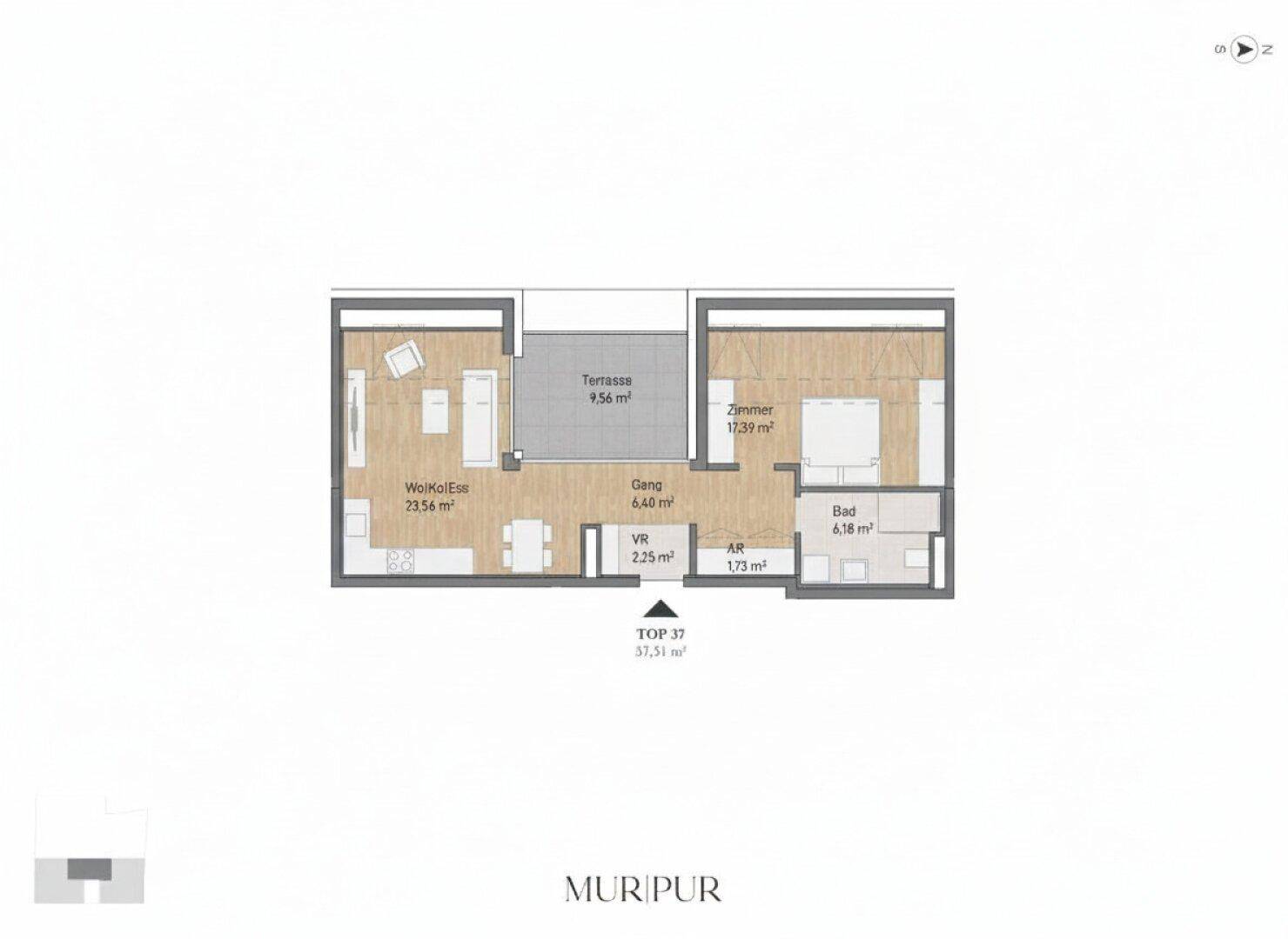 Grundriss der Wohnung TOP 37 mit offenem Wohn-/Essbereich, Schlafzimmer, Bad und Terrasse.