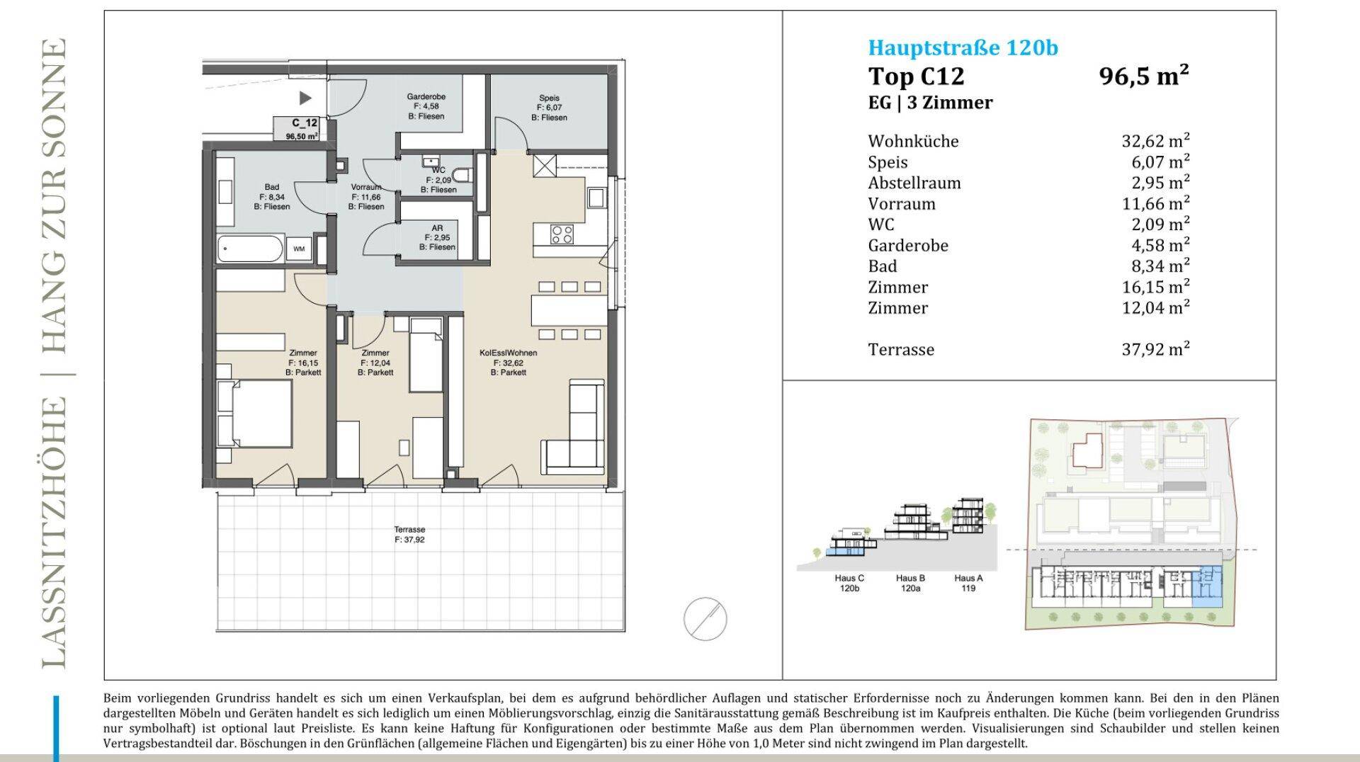 Grundriss einer Wohnung mit offener Wohnküche, zwei Schlafzimmern, Bad, WC und großer Terrasse.