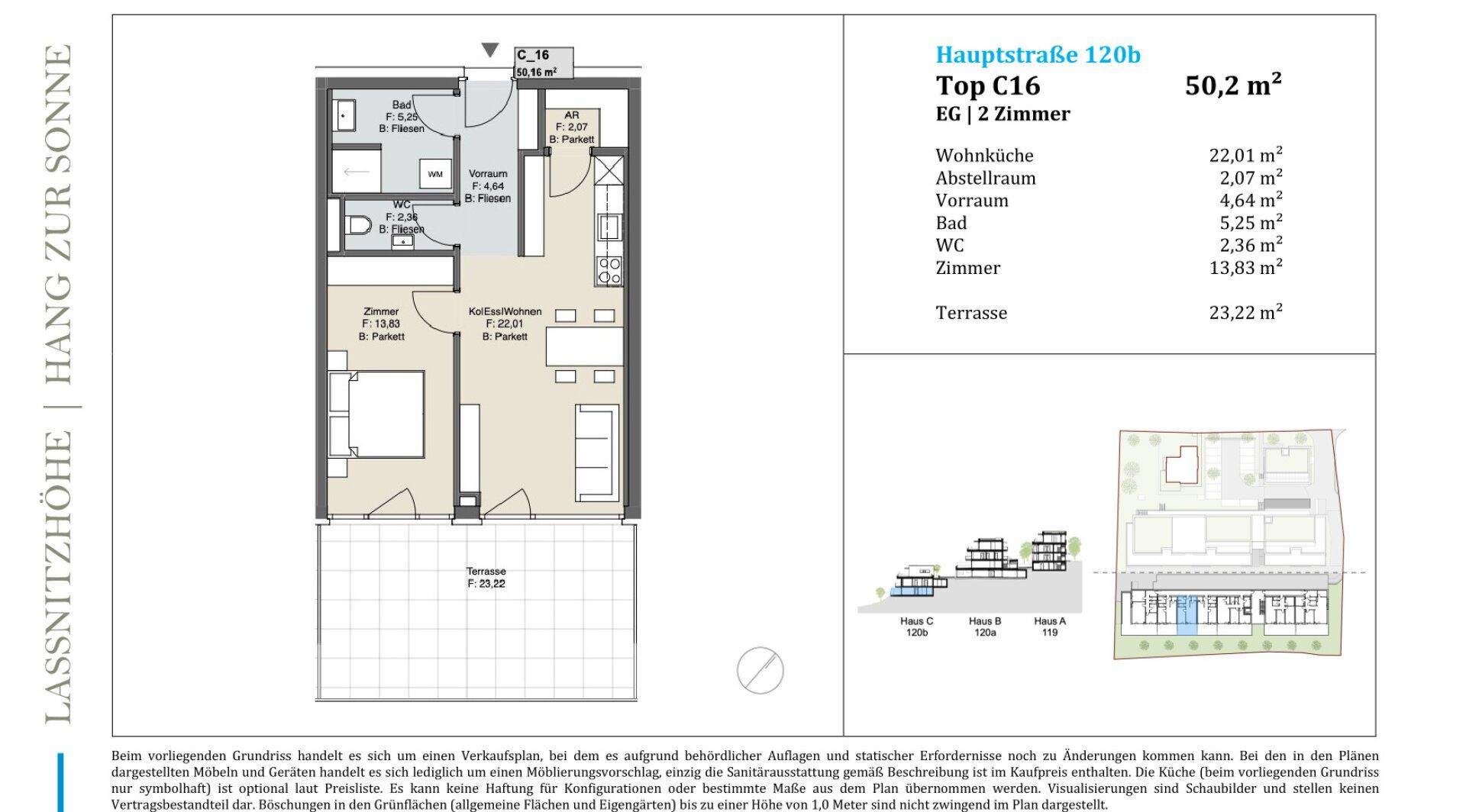 Grundriss einer 2-Zimmer-Wohnung mit Terrasse und separatem WC.