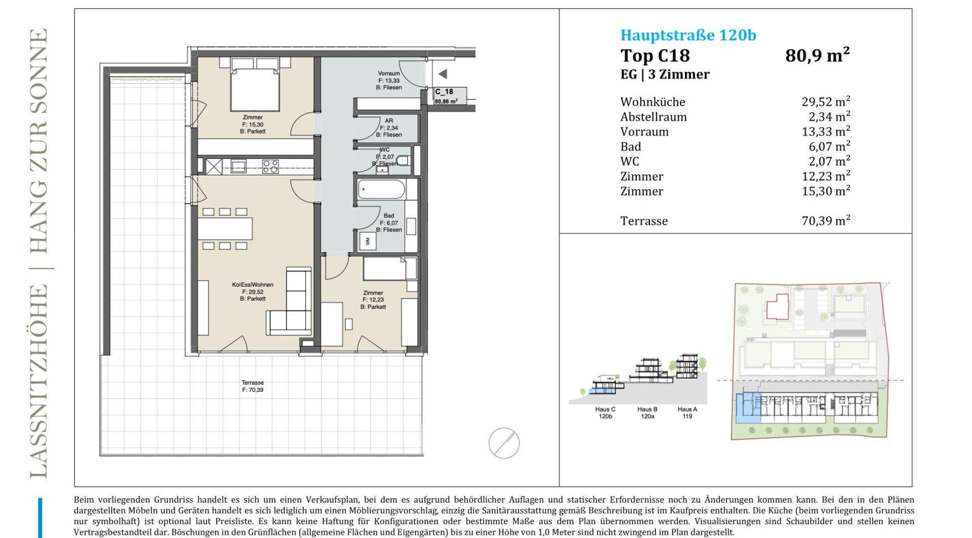 Detaillierter Grundriss einer 3-Zimmer-Wohnung mit großer Terrasse und klarem Raumkonzept.