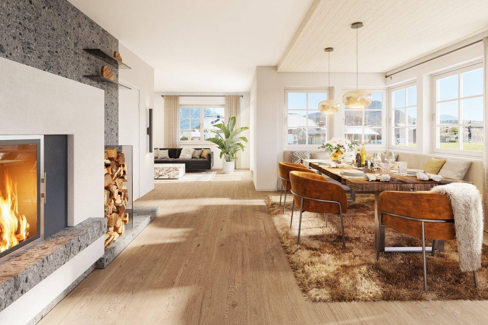 Geräumiger Wohn-Essbereich mit modernem Kamin, Holzboden und viel Tageslicht, ideal für gesellige Abende.