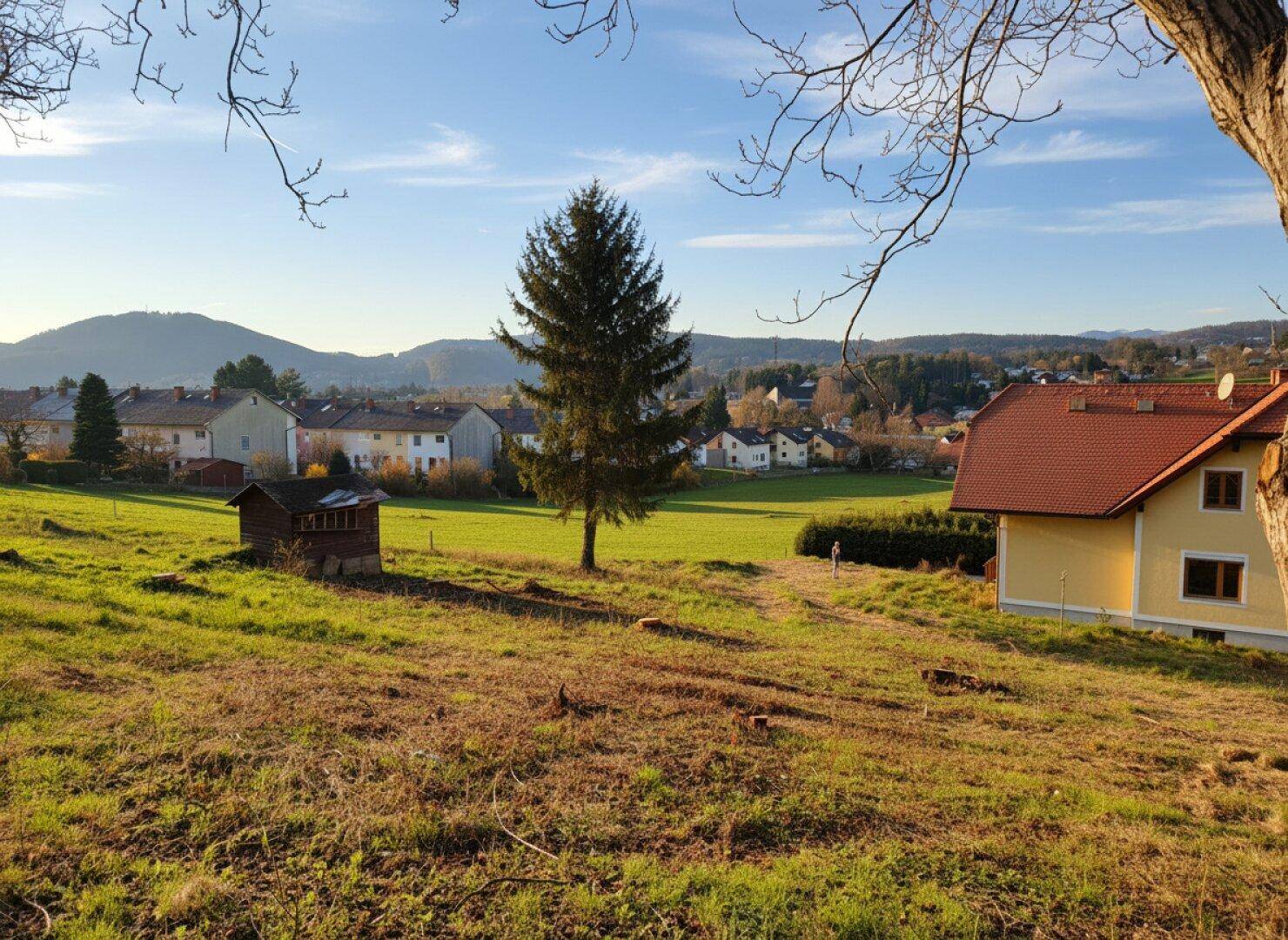 Weitläufige Landschaft mit einem einzelnen Baum, Häusern und Bergen im Hintergrund unter blauem Himmel.