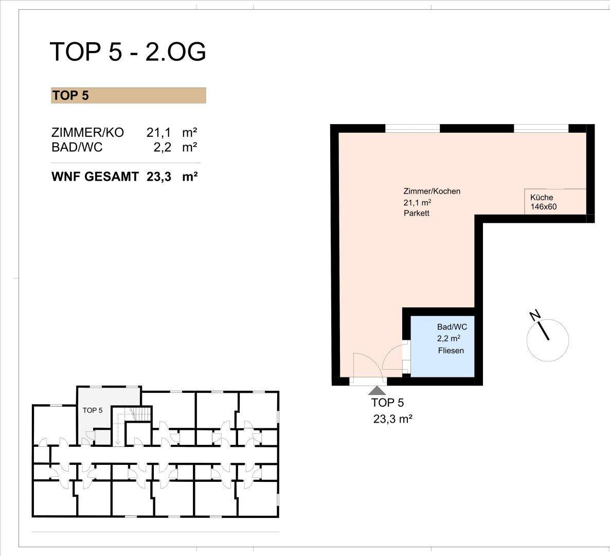 Detaillierter Grundriss für TOP 5 im 2. Obergeschoss mit Zimmer, Küche und Bad/WC.