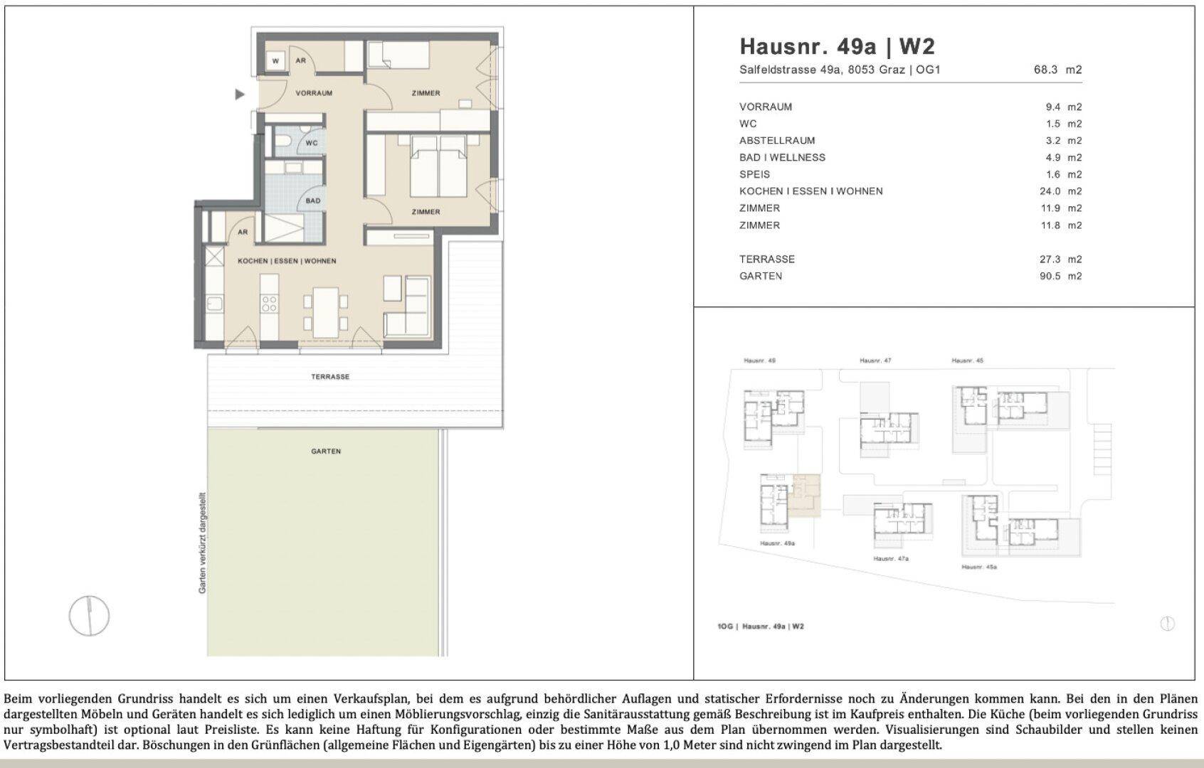 Detaillierter Grundriss einer Wohnung mit offenem Wohnbereich, Terrasse und Garten.