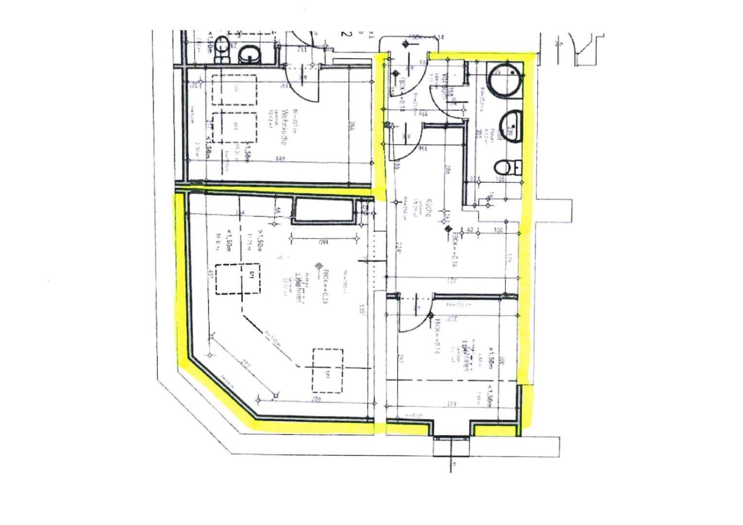 Grundrissplan mit hervorgehobener Fläche, zeigt die Raumaufteilung der Wohnung mit zwei Bädern.