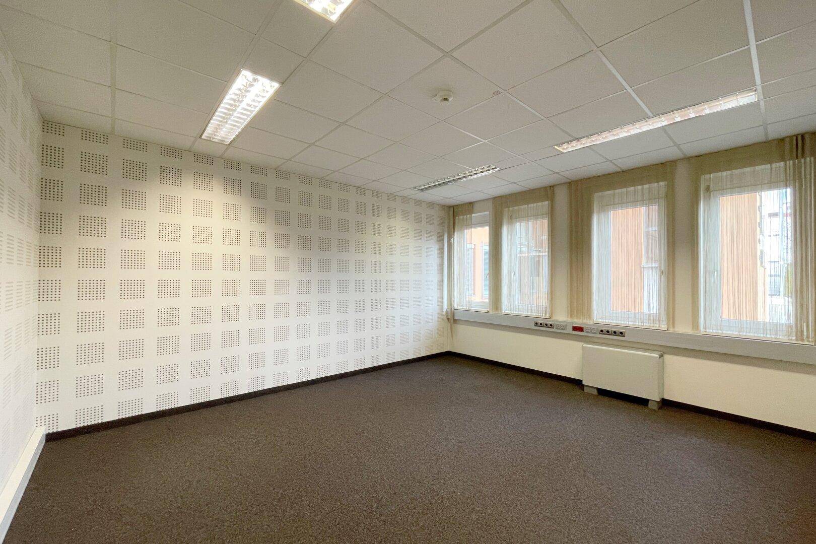 Geräumiges Büro mit Teppichboden, Akustikwand und großen Fenstern für viel Tageslicht.