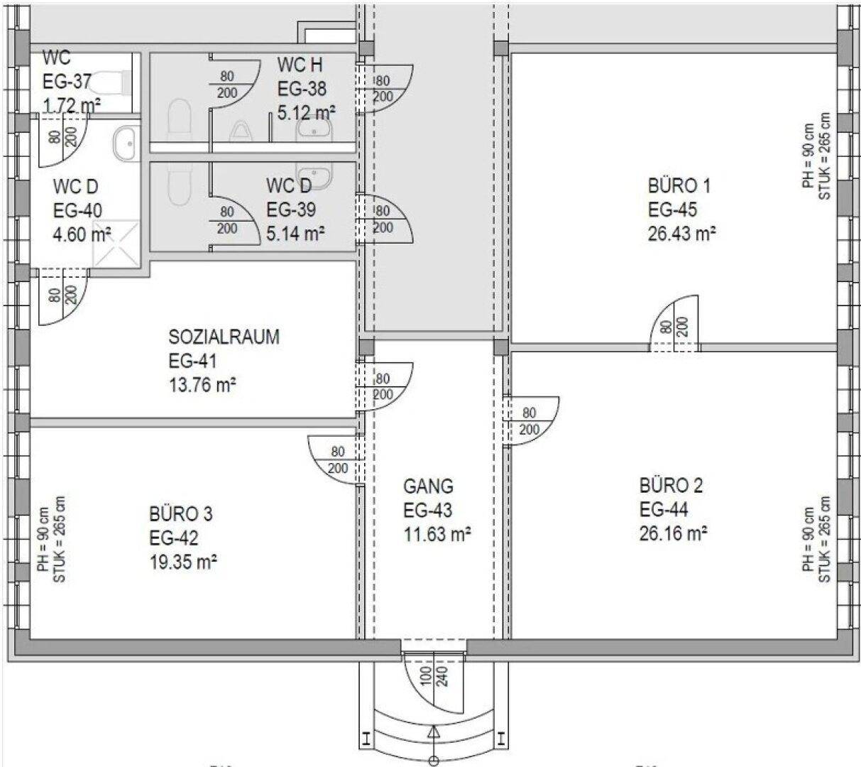 Grundriss des Erdgeschosses mit mehreren Büros, Sozialraum und Toilettenbereichen.