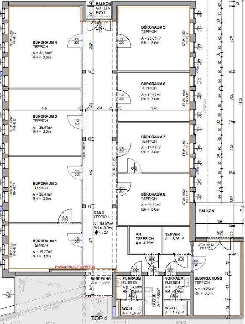 Detaillierter Grundriss einer Büroetage mit mehreren Büroräumen, Flur, Küche und Sanitäranlagen.