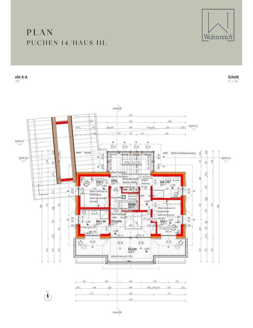 Grundriss des Obergeschosses von Haus III mit Schlafzimmern, zwei Bädern, Sauna und Balkon.