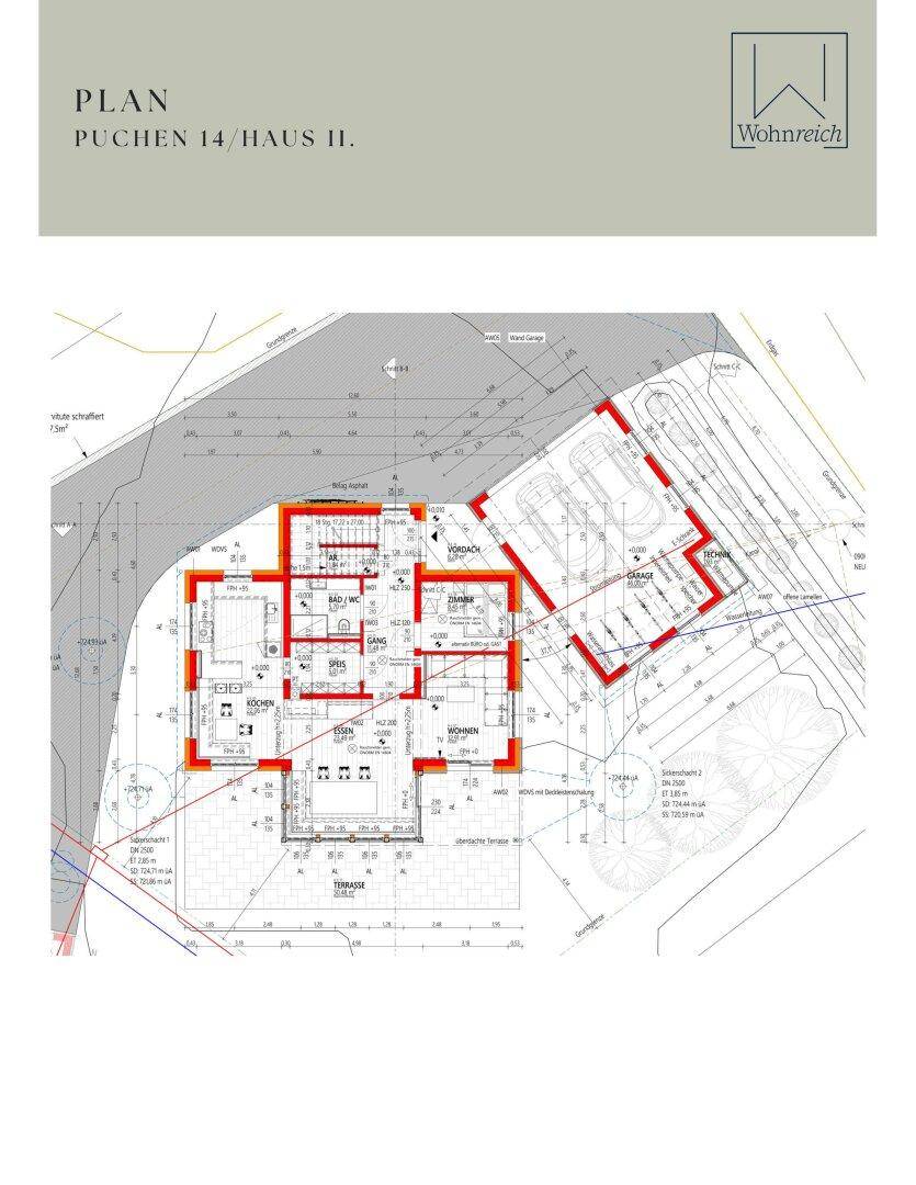 Grundrissplan für Haus II mit Erdgeschossaufteilung, offener Wohnküche, Terrasse und Garage.
