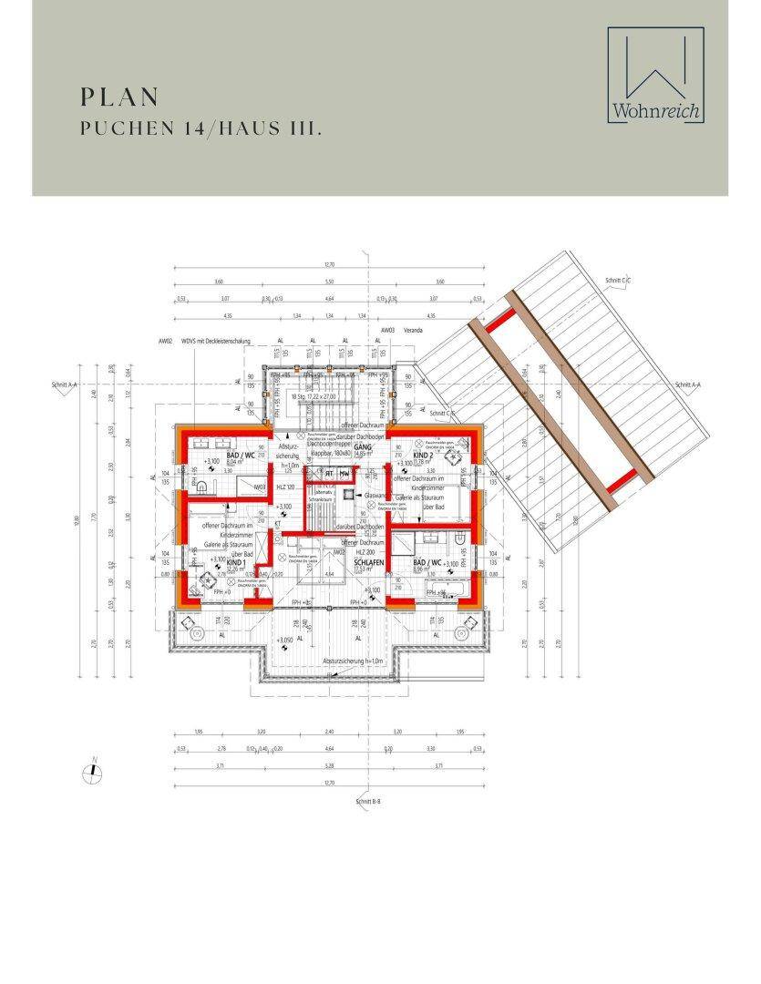 Grundrissplan für Haus III mit Obergeschossaufteilung, Schlafzimmern, zwei Bädern und Balkon.
