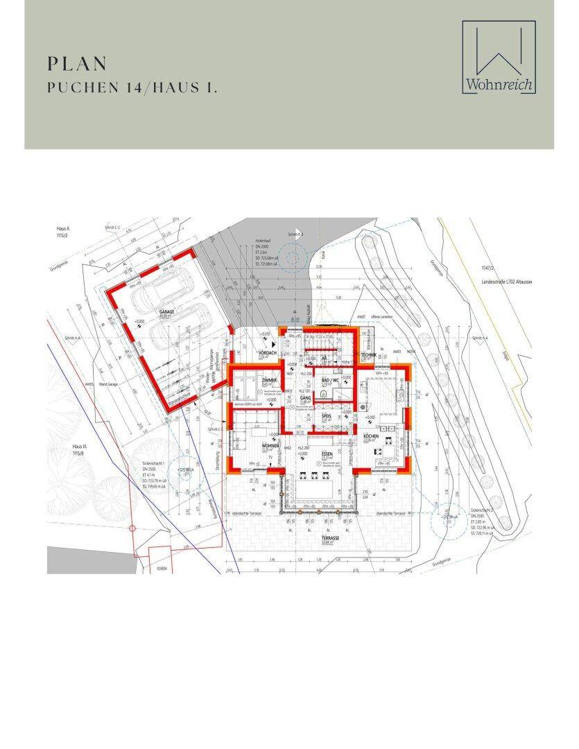 Grundriss des Erdgeschosses von Haus 1 mit Garage, Terrasse und verschiedenen Wohnbereichen.