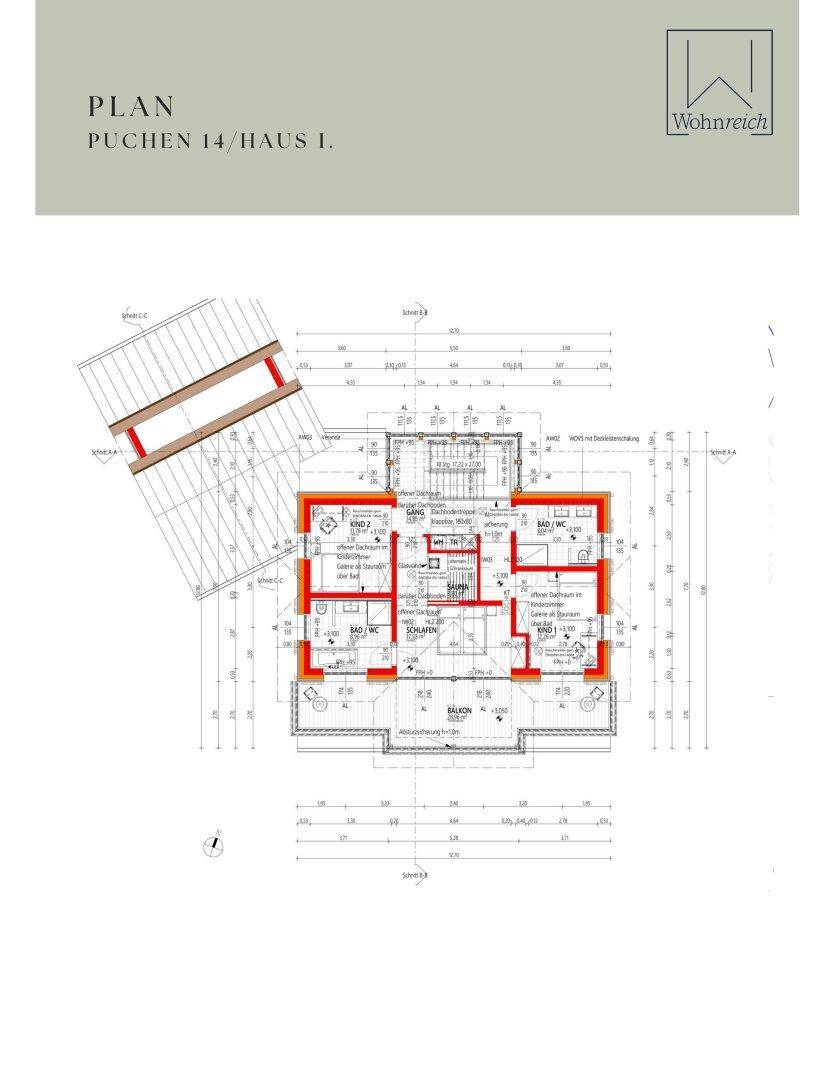 Grundriss des Obergeschosses von Haus 1 mit Schlafzimmern, Bädern, Sauna und Balkon.