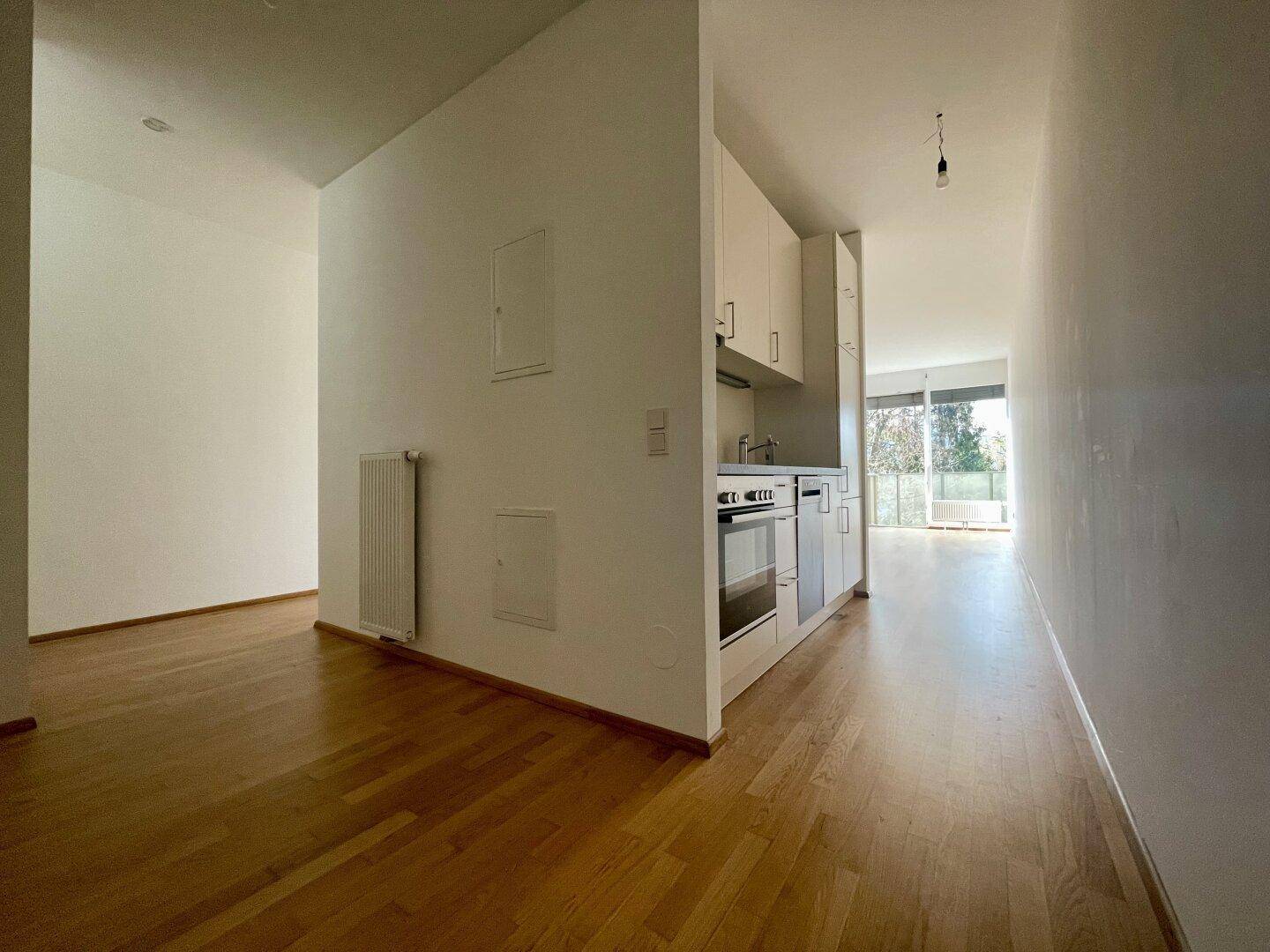 Offener Wohnbereich mit integrierter Küchenzeile und Holzboden.