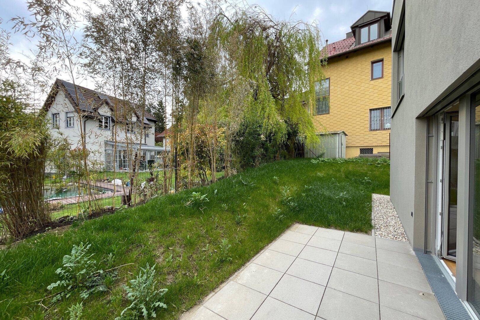 Grüner Gartenbereich mit Rasenfläche, Bambuspflanzen und kleiner gepflasterter Terrasse.