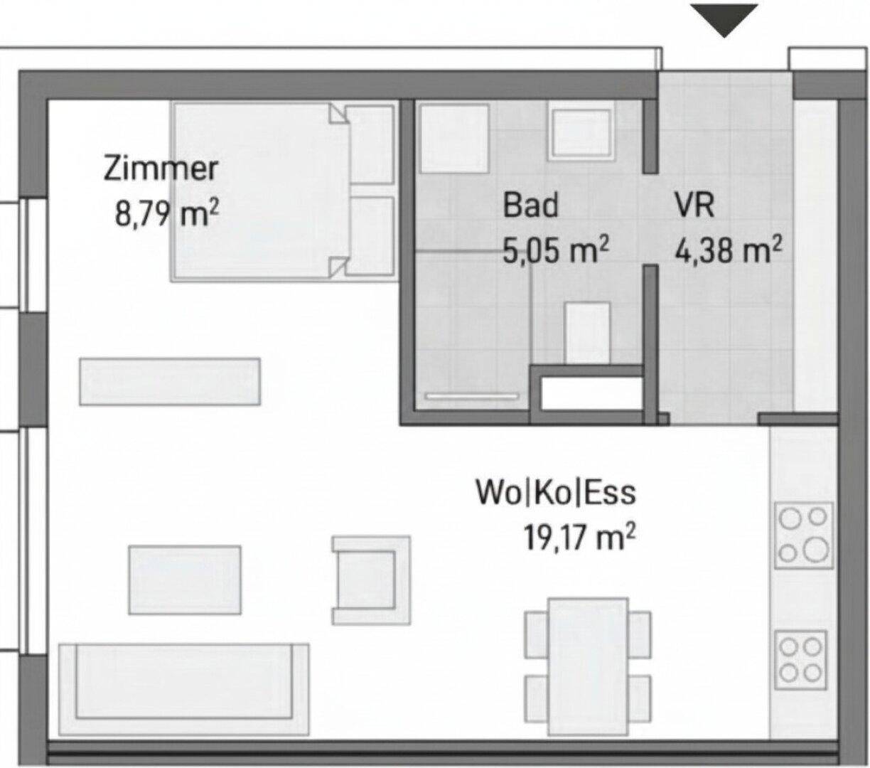 Grundriss einer Wohnung mit Schlafzimmer, Bad, Flur und offenem Wohn-Koch-Essbereich.
