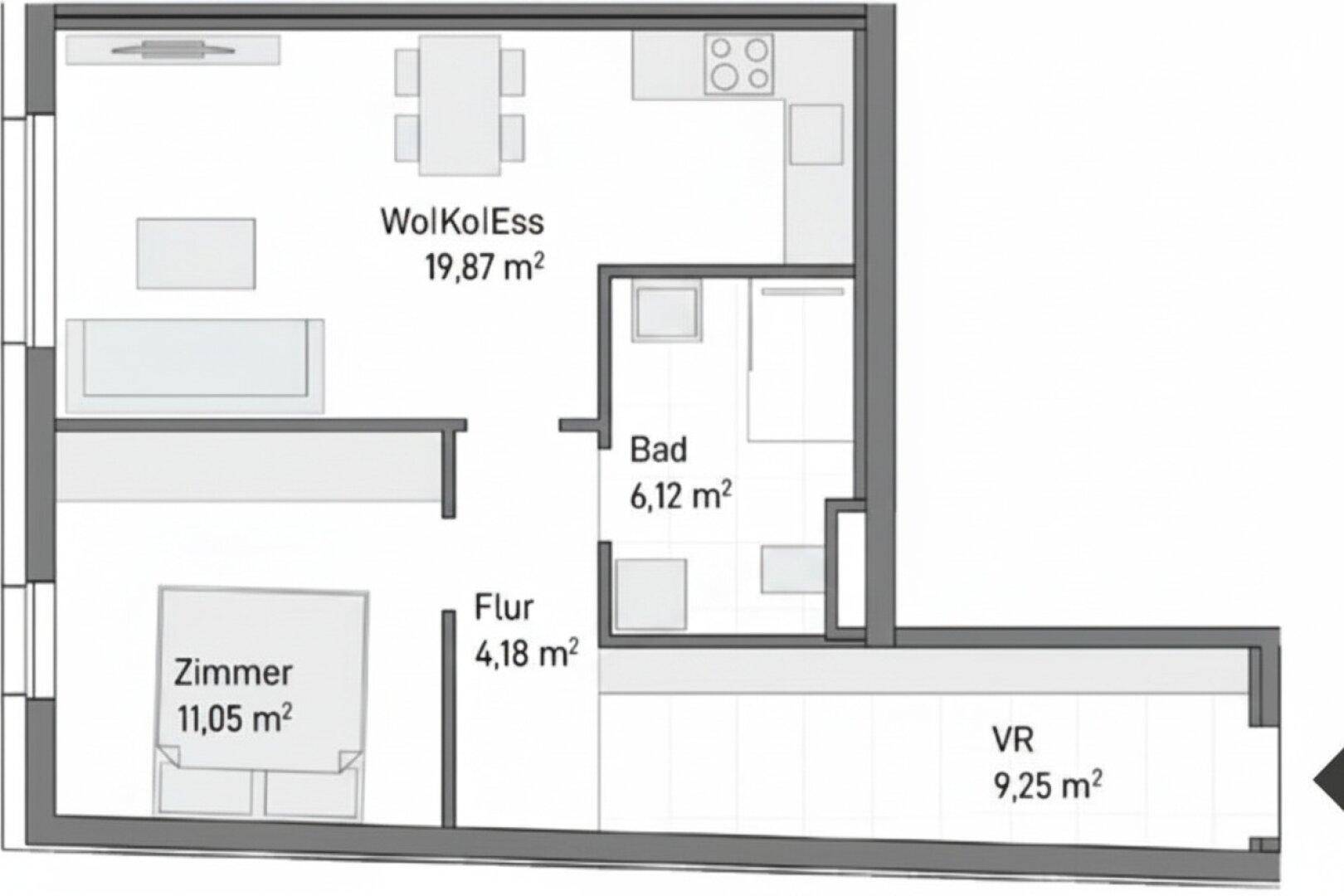 Grundriss einer Wohnung mit offenem Wohnbereich, Schlafzimmer und Bad, inklusive Flächenangaben.