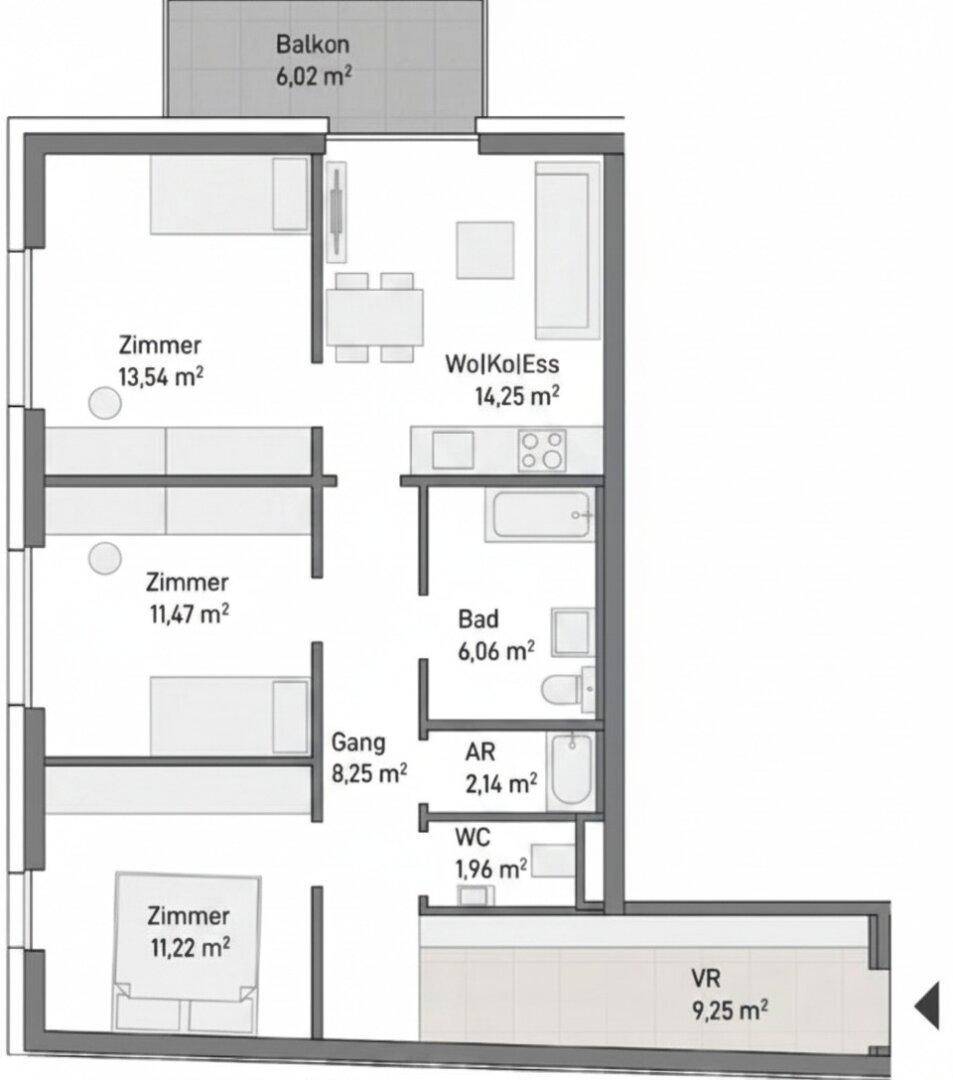 Grundriss einer Wohnung mit drei Zimmern, Balkon und separatem WC.