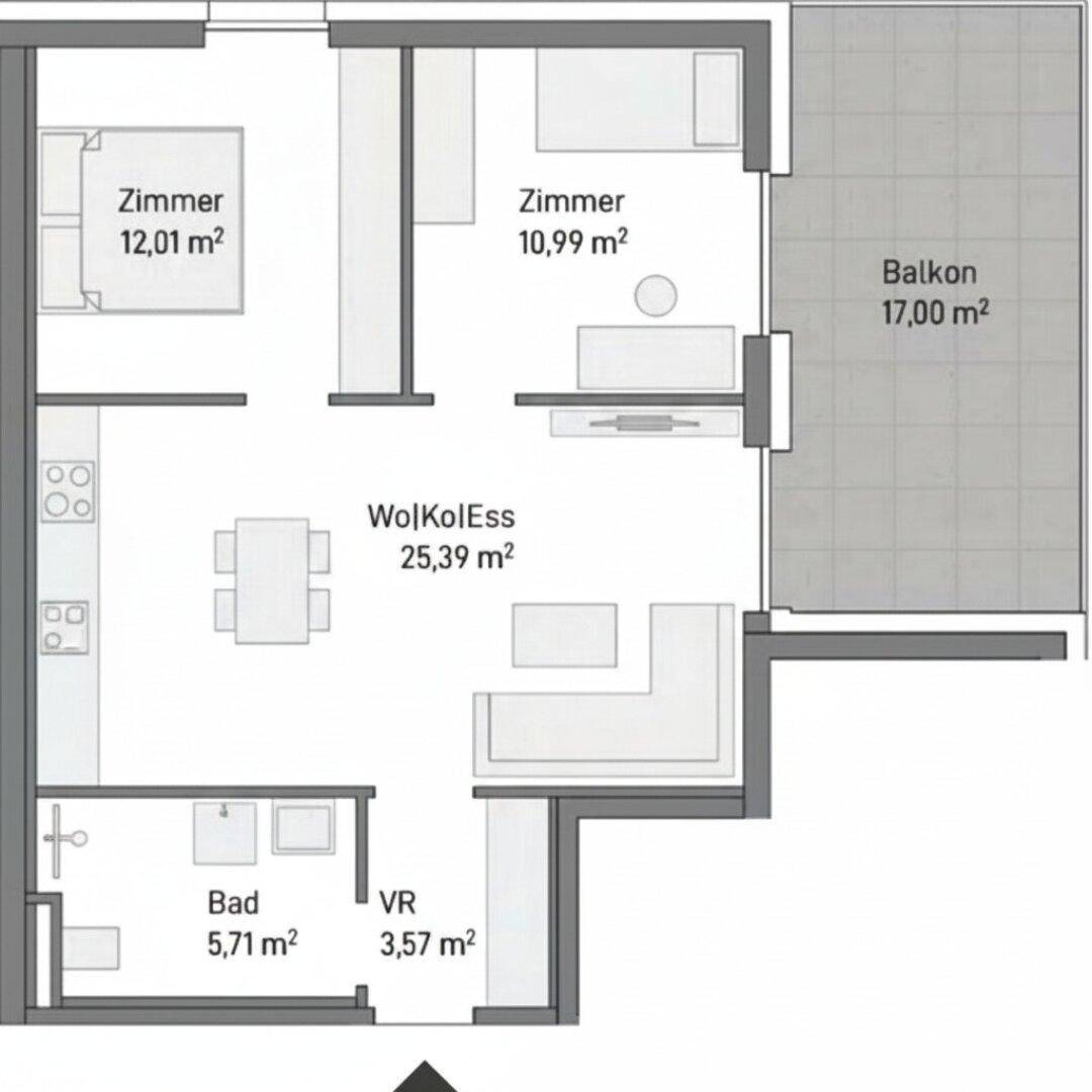 Grundriss einer Wohnung mit zwei Zimmern, einem Wohn-Koch-Essbereich, Bad, Vorraum und einem großen Balkon.