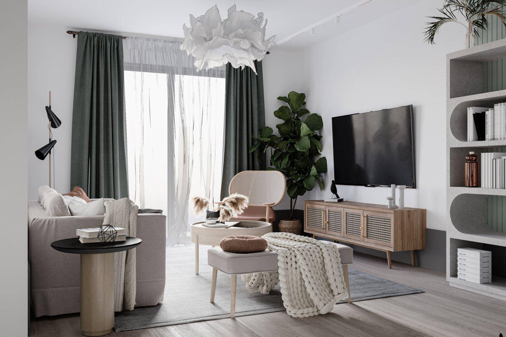 Modernes Wohnzimmer mit beigem Sofa, Fernseher, stilvollen Möbeln und großen Fenstern, die viel Licht hereinlassen.