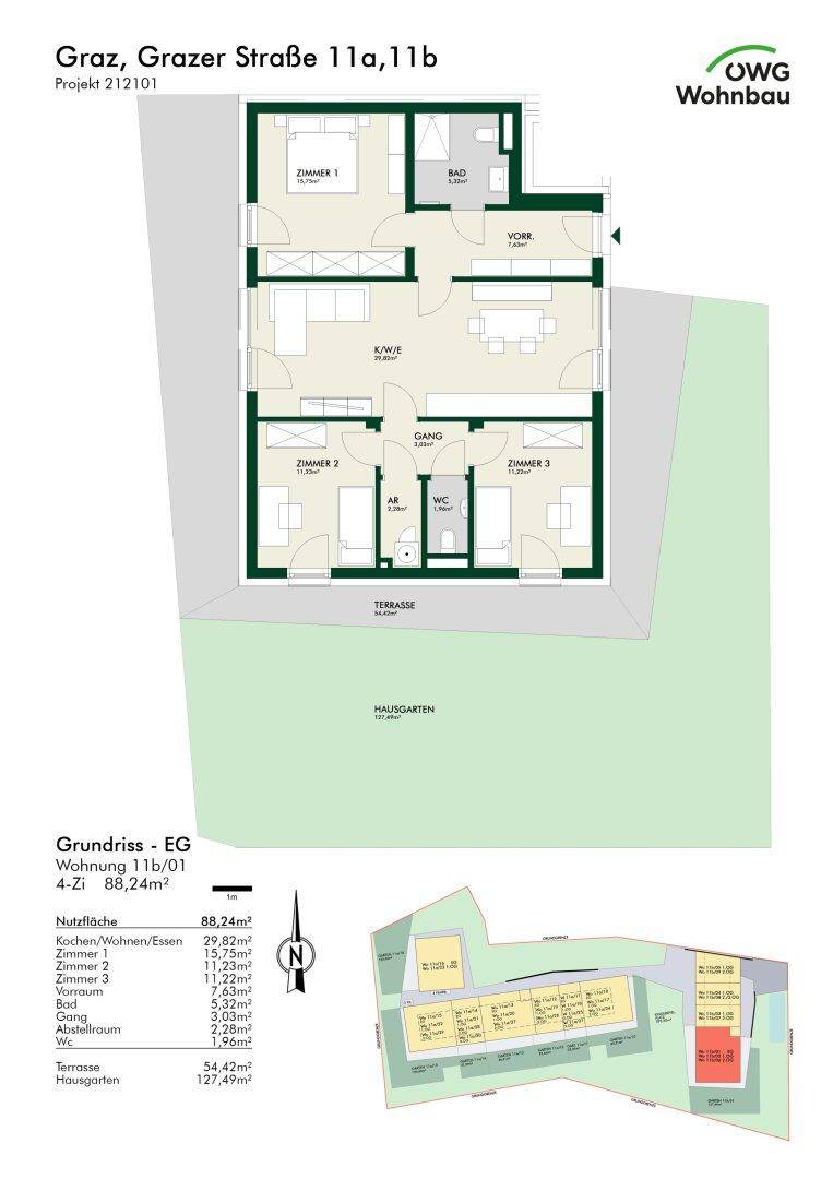 Grundriss einer Erdgeschosswohnung mit drei Zimmern, Terrasse und Hausgarten.
