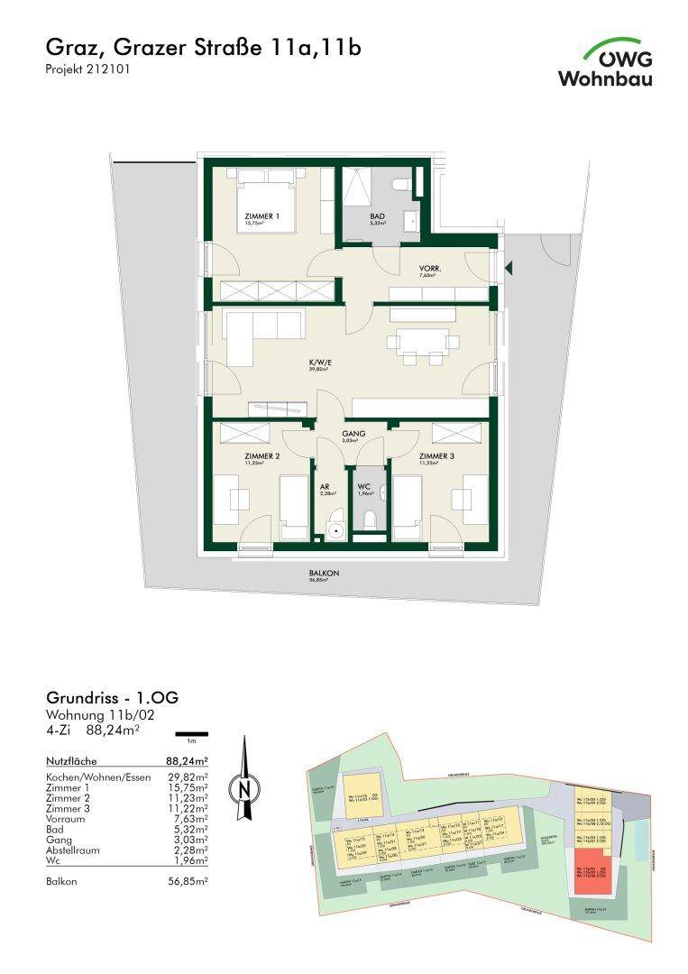 Grundriss einer 4-Zimmer-Wohnung mit Balkon und separatem WC.
