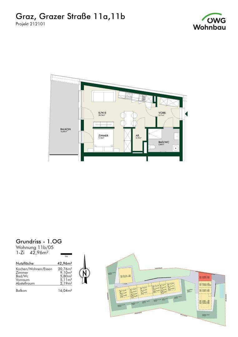 Grundriss einer 1-Zimmer-Wohnung im 1. Obergeschoss mit offenem Wohnbereich und Balkon.