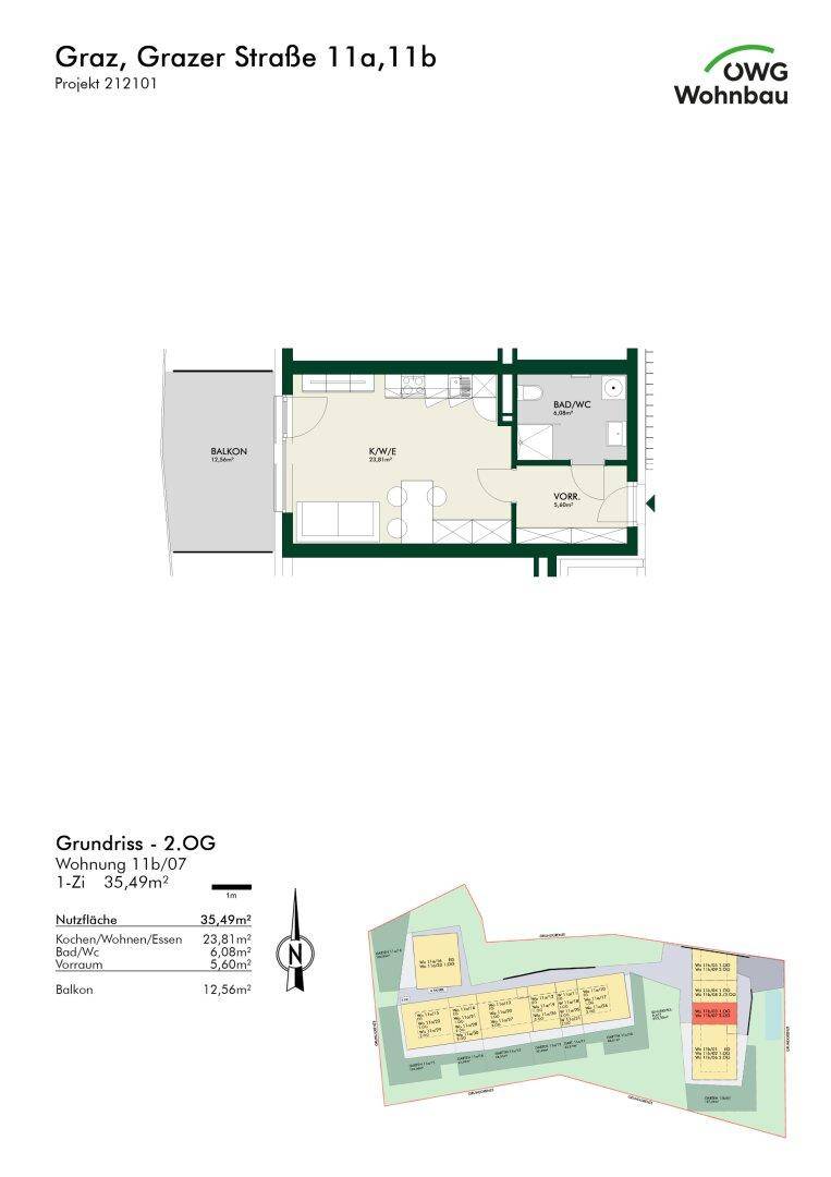 Grundriss einer Wohnung im zweiten Obergeschoss mit Balkon und offenem Wohn-/Essbereich.